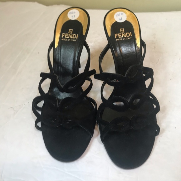 FENDI Suede Strappy Baroque Heels Sandals Mules Shoes Dressy Evening Leather  37 - Picture 4 of 16